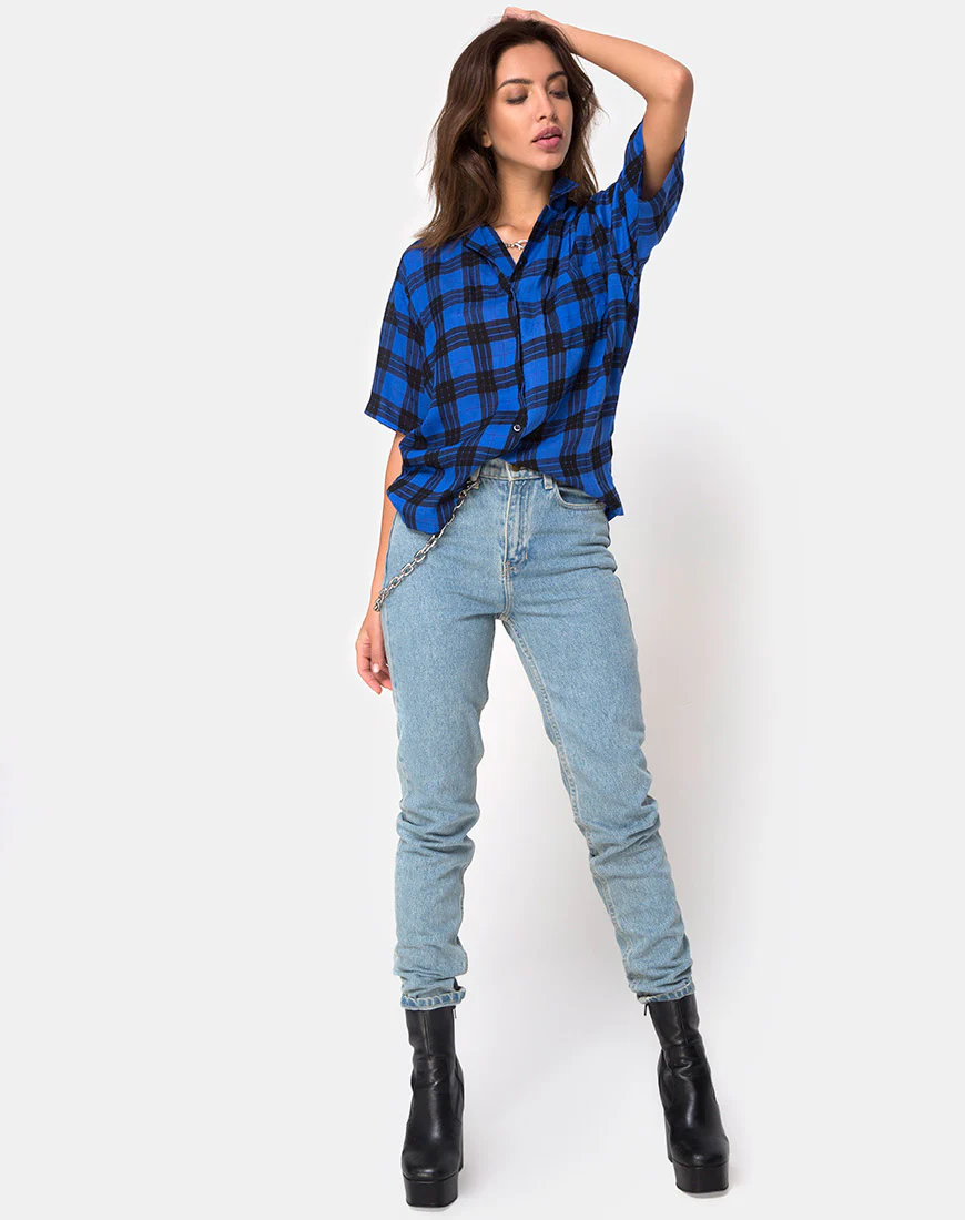 Hawaiian Oversized Shirt in Tartan Blue - Image 3