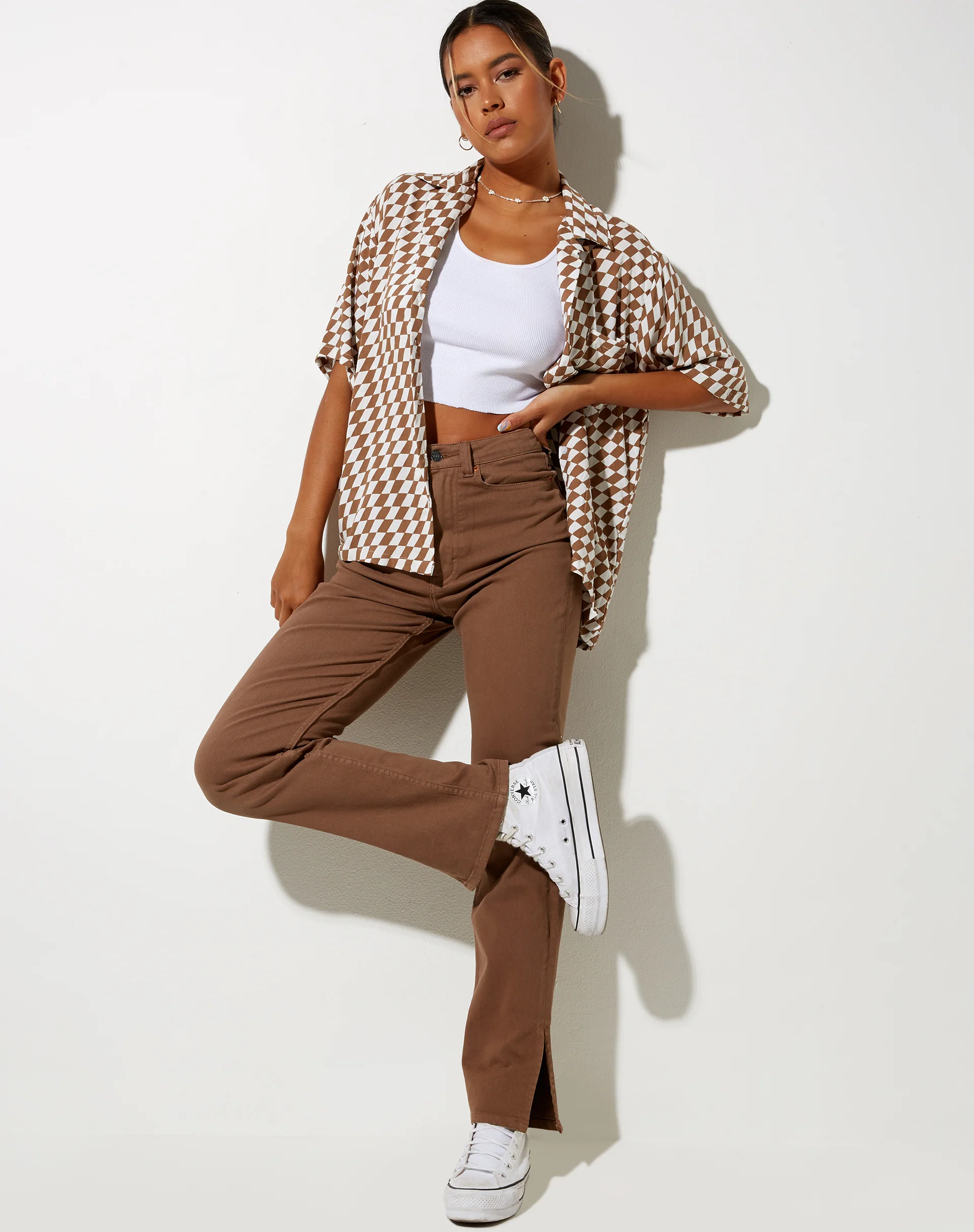Hawaiian Shirt in Diagonal Checker Tan and Ivory - Image 3
