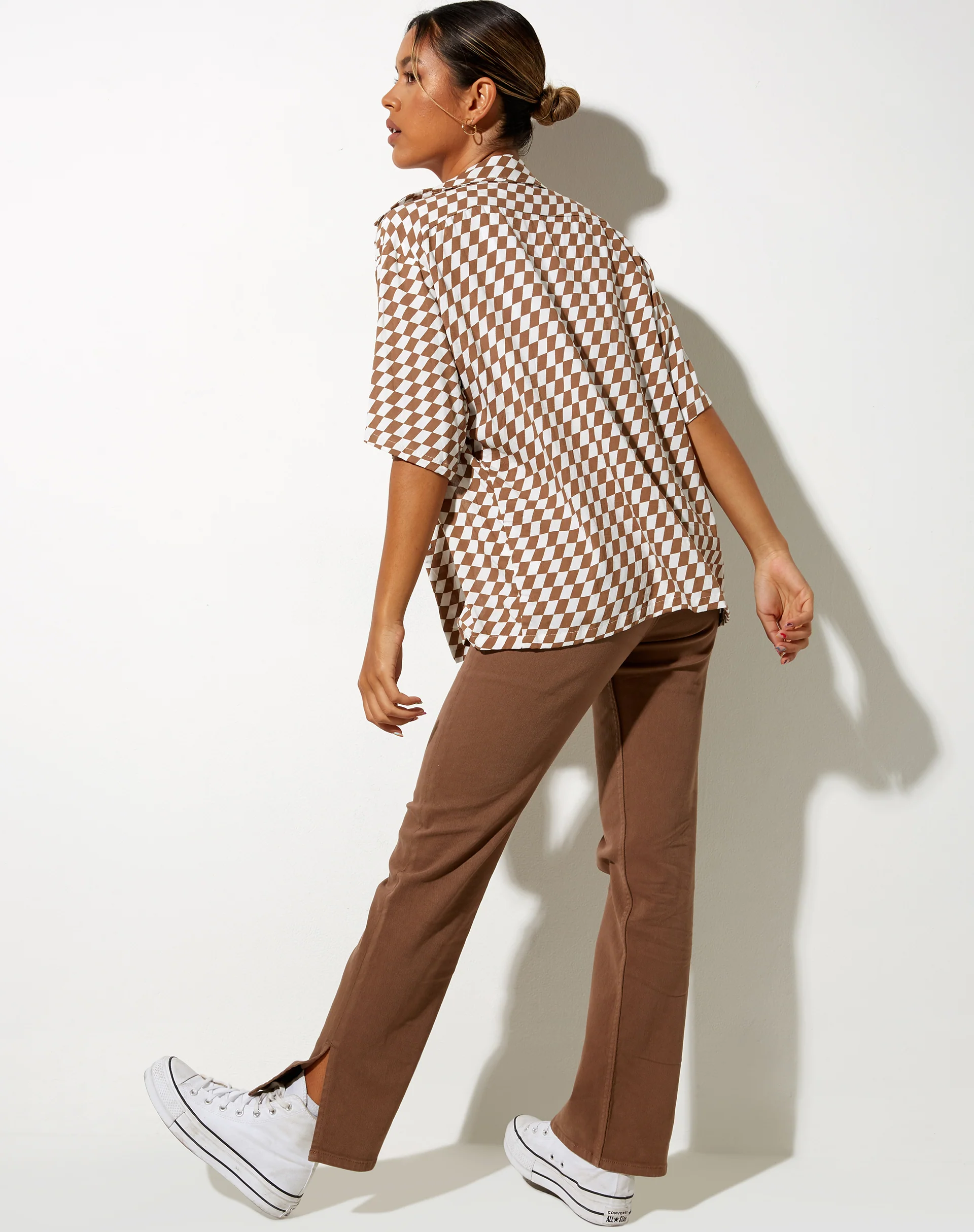 Hawaiian Shirt in Diagonal Checker Tan and Ivory - Image 5