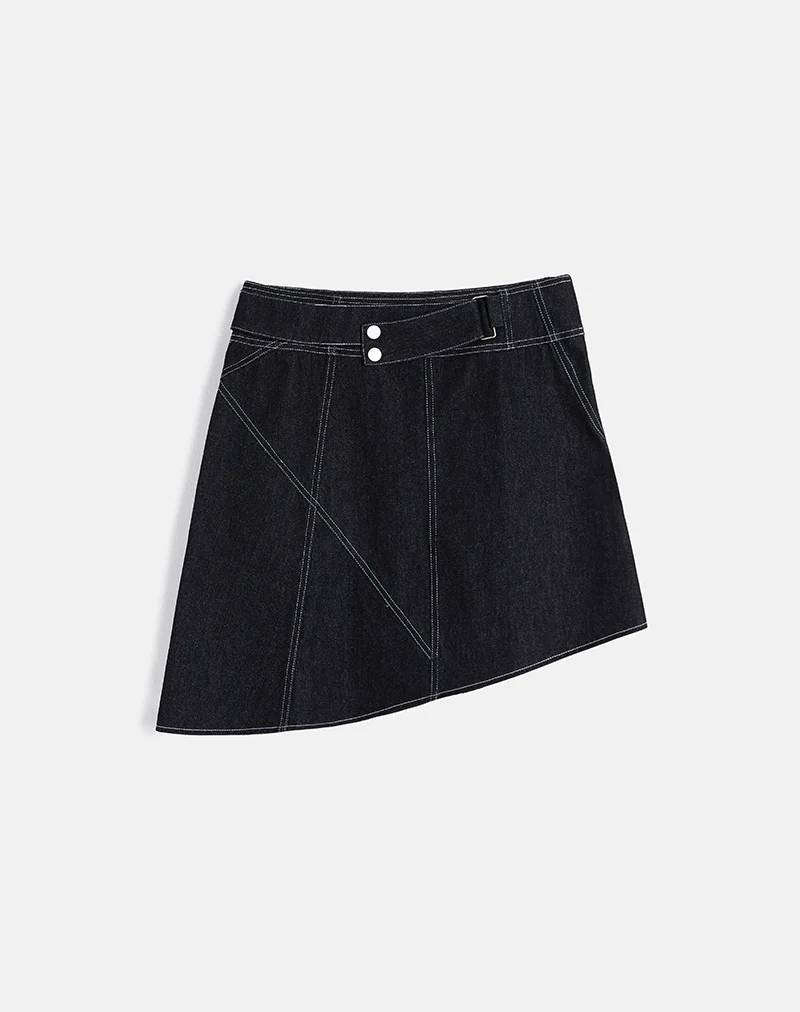 Hayashi Asymmetrical Midi Skirt in Denim Black Wash - Image 3