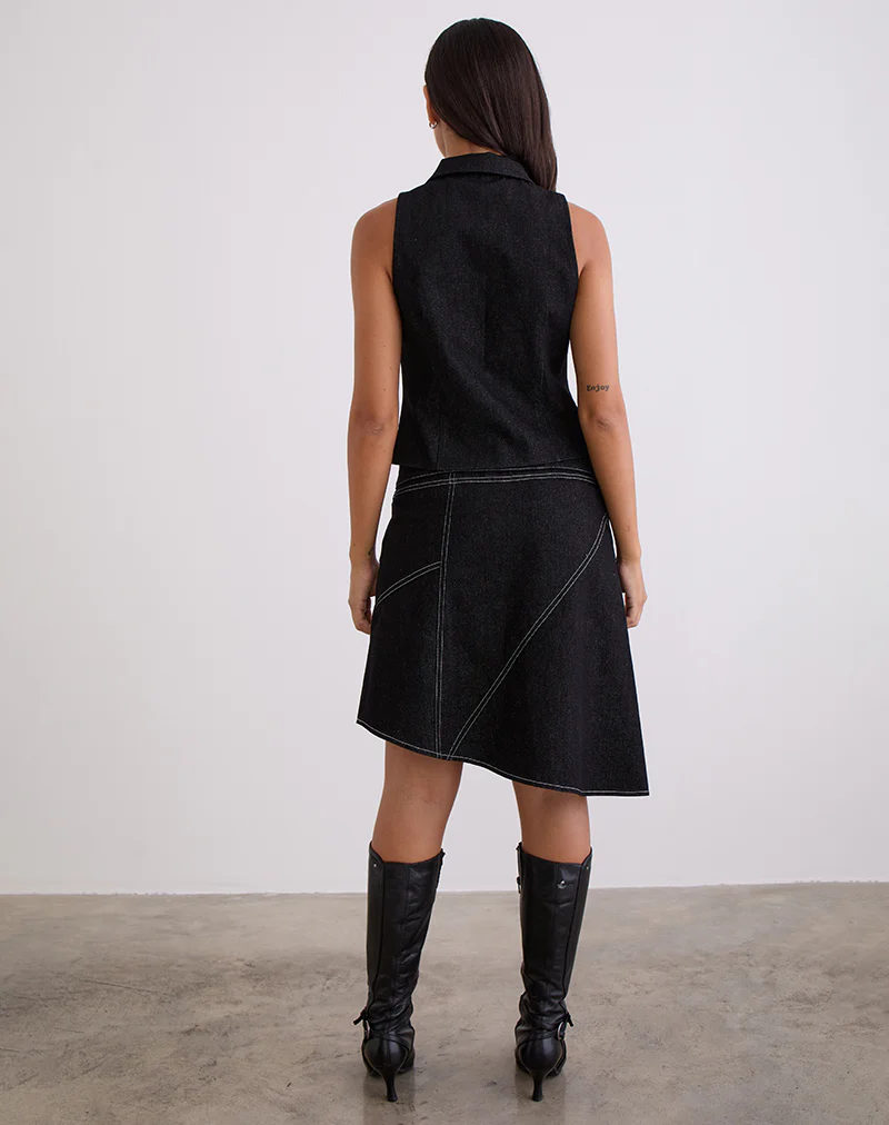 Hayashi Asymmetrical Midi Skirt in Denim Black Wash - Image 5