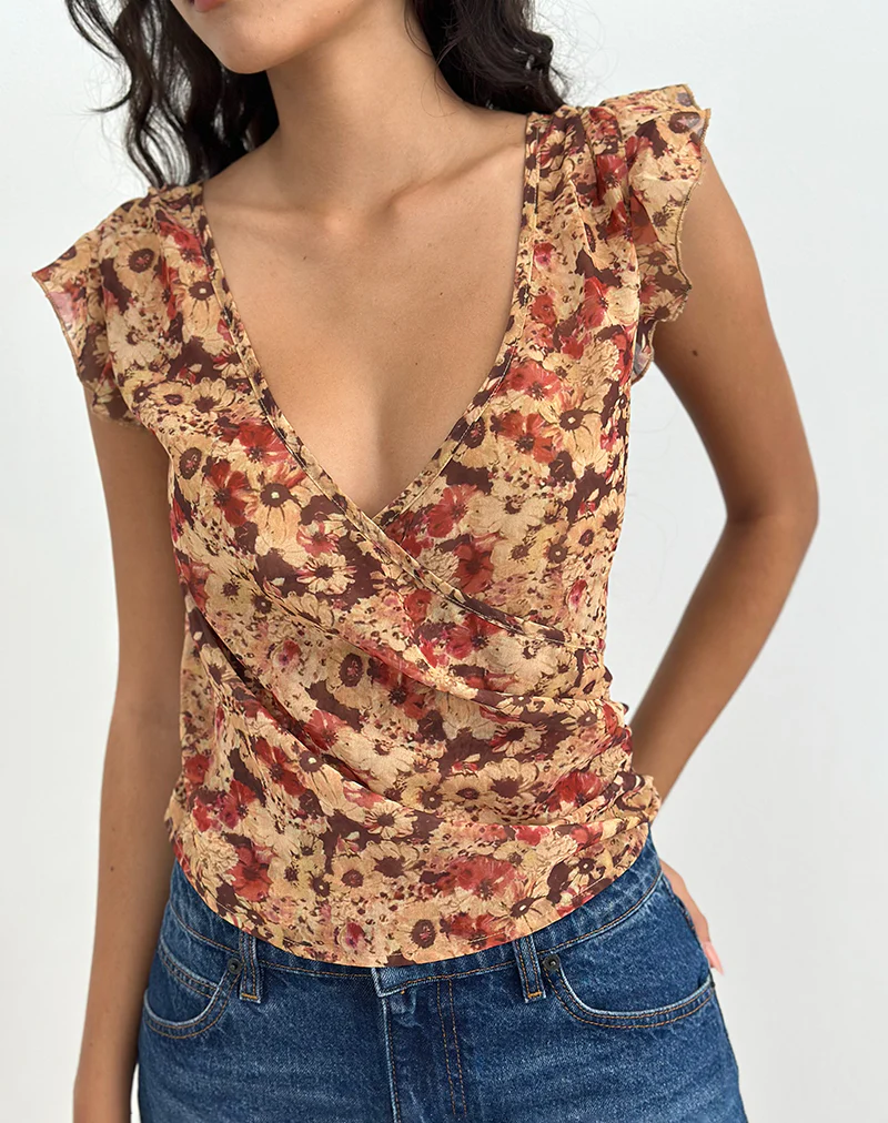 Heidi Wrap Top in Chiffon Rusty Flower - Image 3