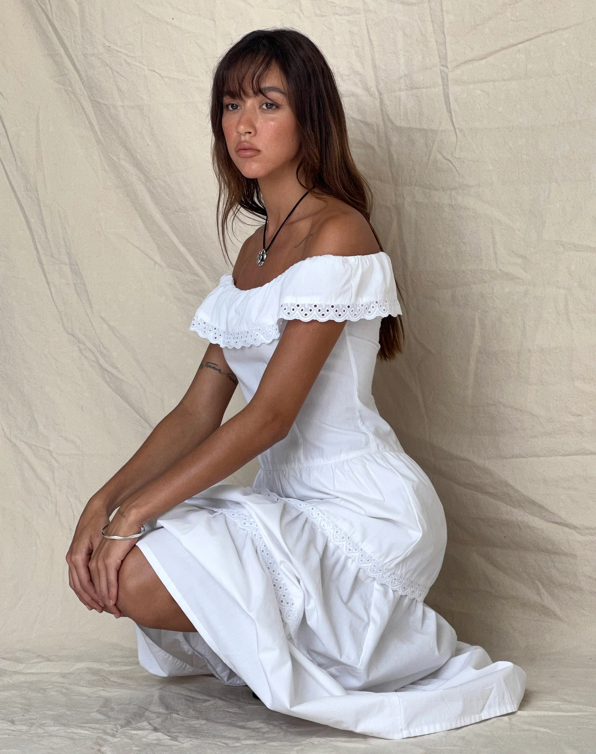 Helpa Tiered Bardot Maxi Dress in White - Image 2