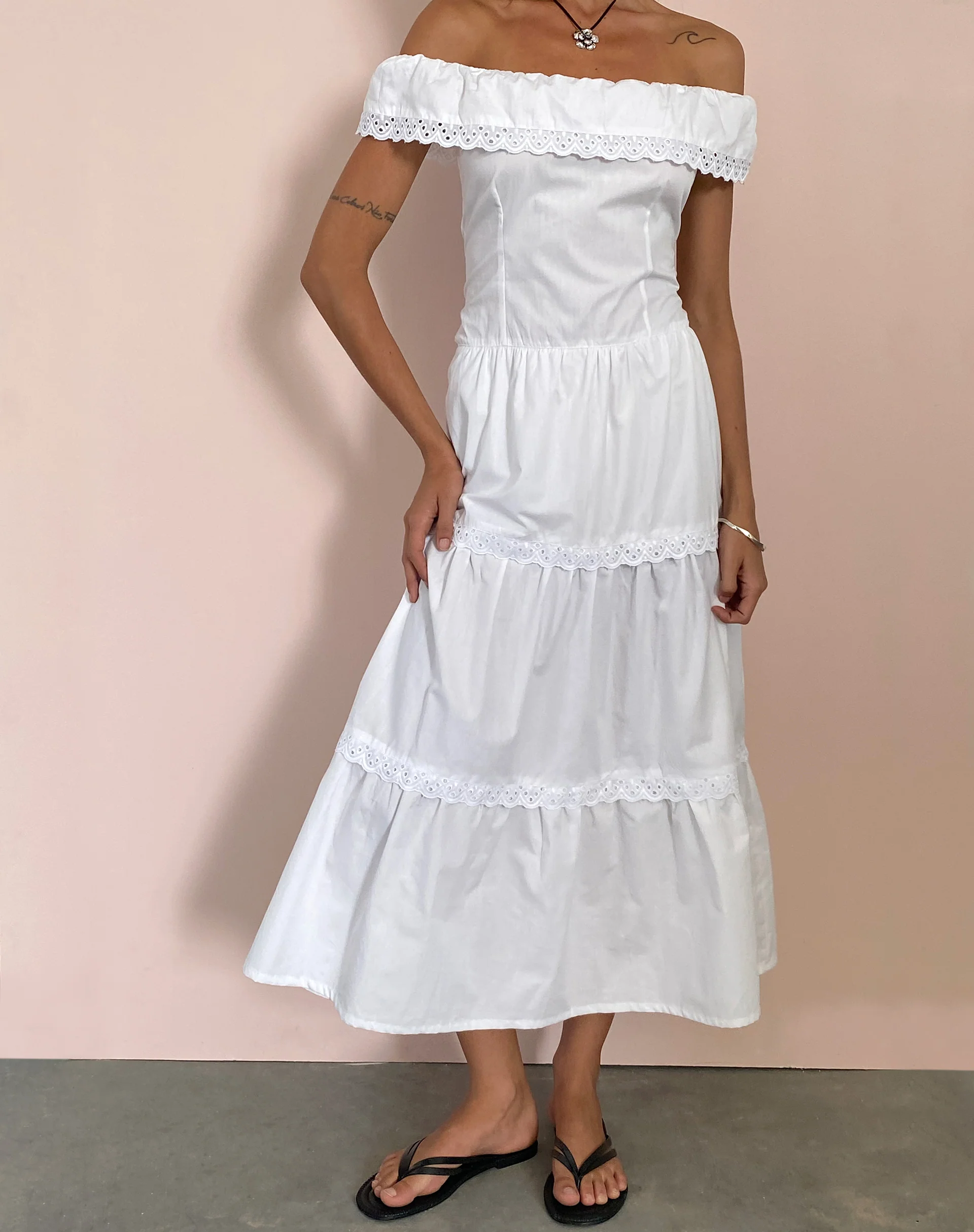 Helpa Tiered Bardot Maxi Dress in White - Image 3