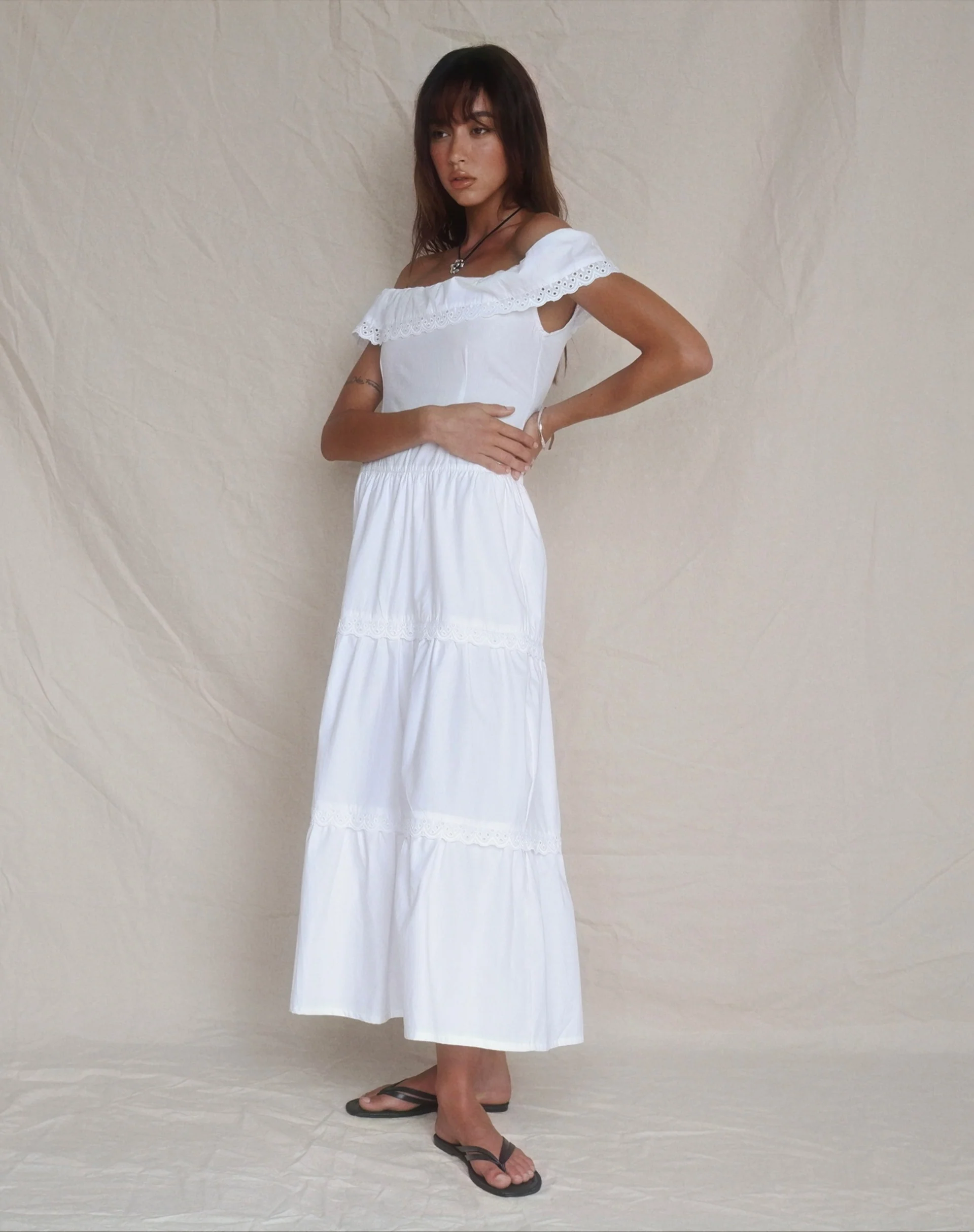 Helpa Tiered Bardot Maxi Dress in White - Image 5