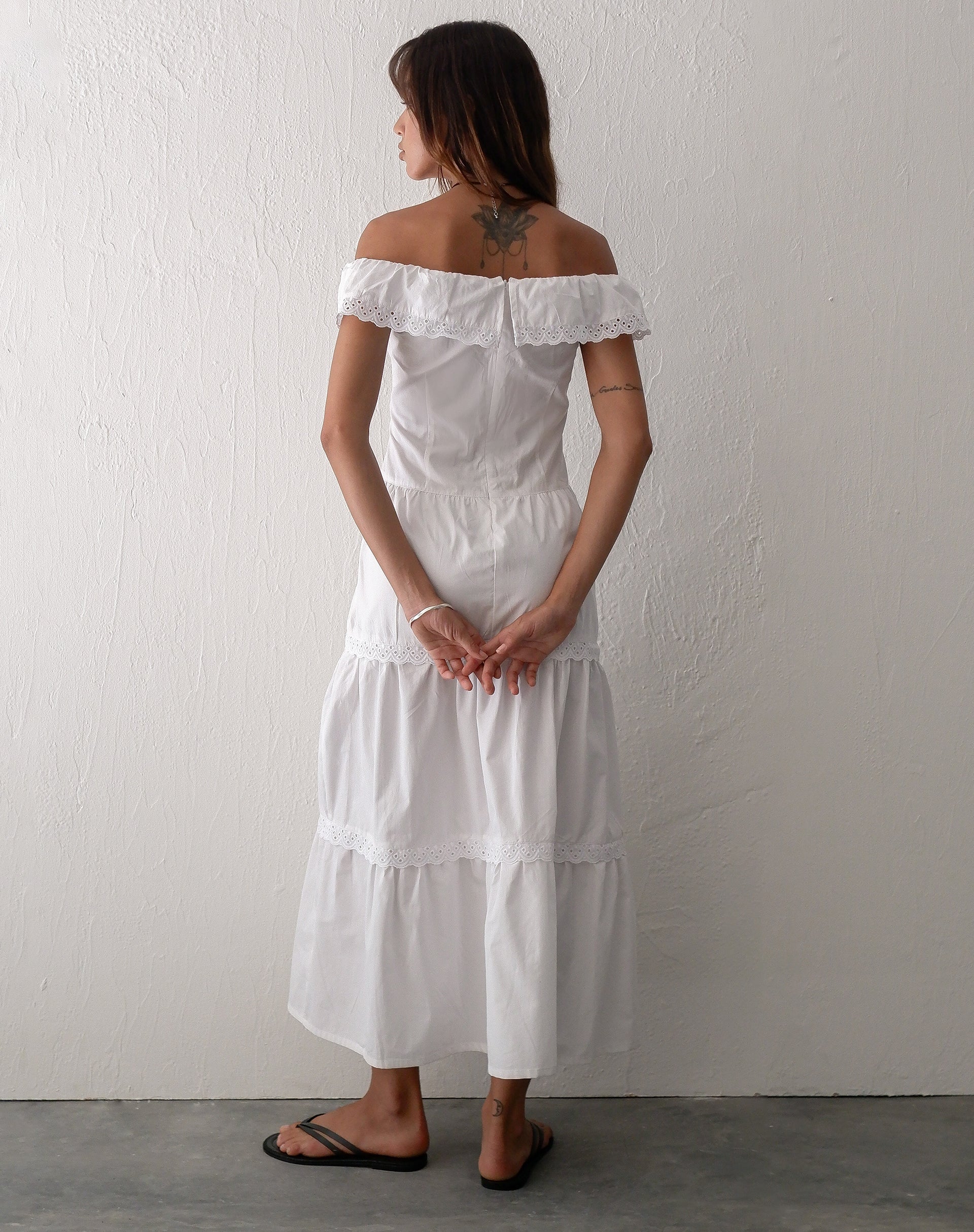 Helpa Tiered Bardot Maxi Dress in White - Image 6