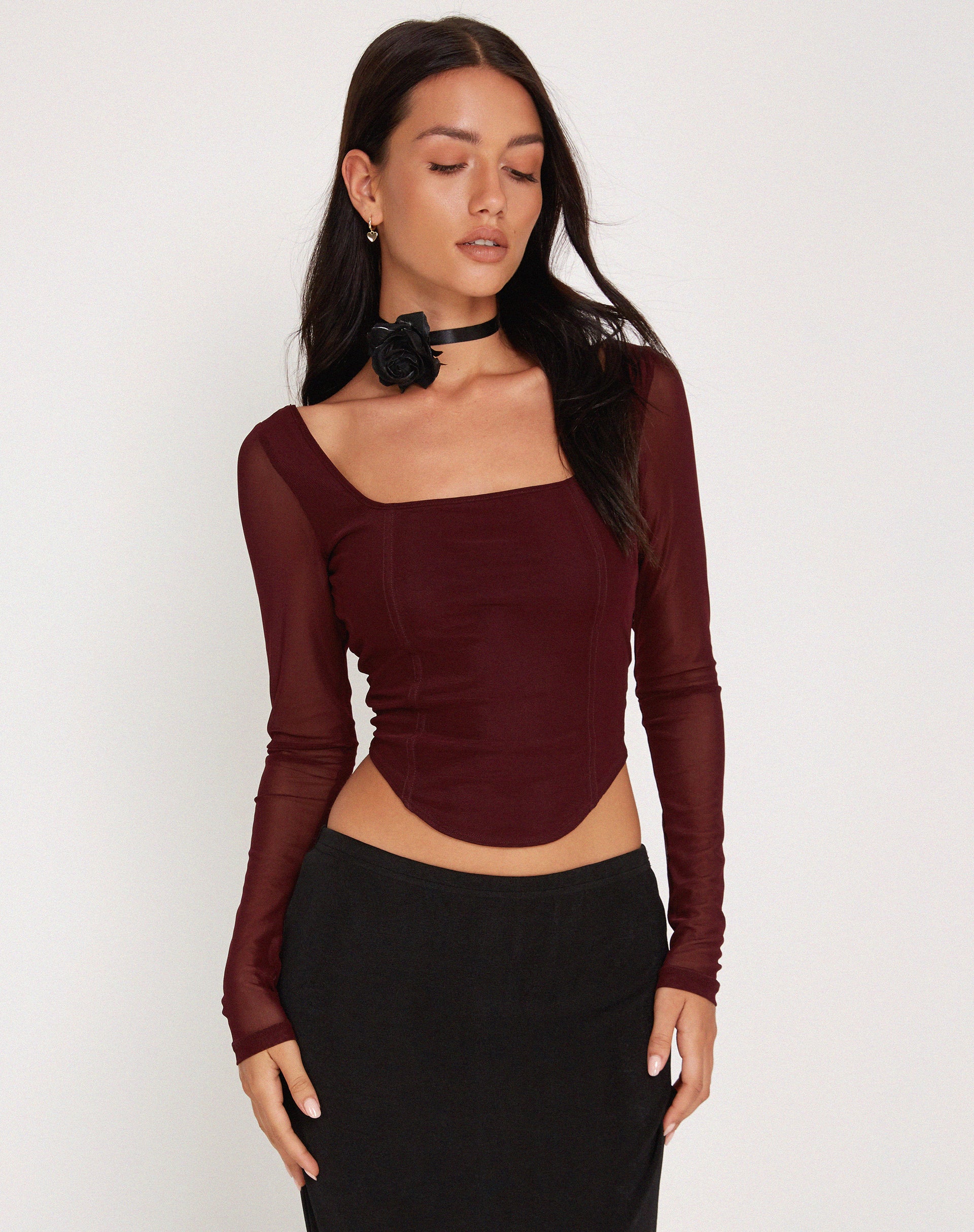 Helsiva Long Sleeve Crop Top in Mesh Burgundy - Image 3