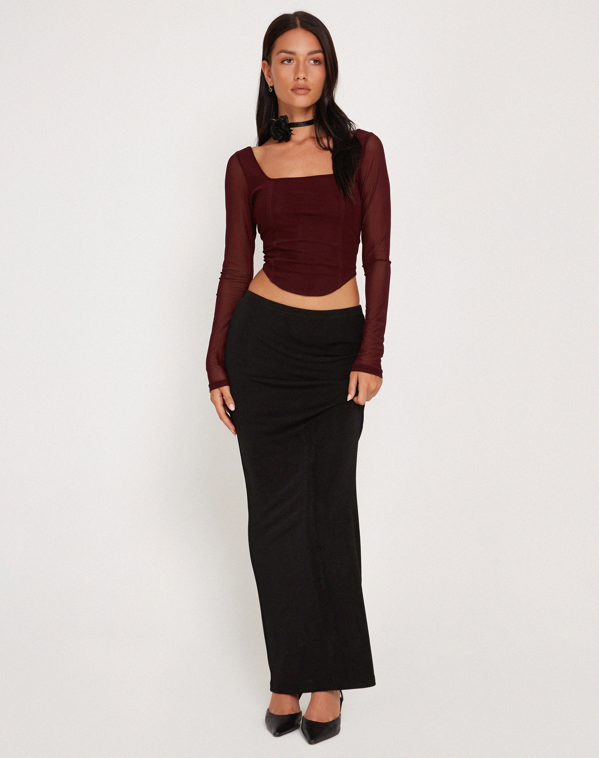 Helsiva Long Sleeve Crop Top in Mesh Burgundy - Image 5