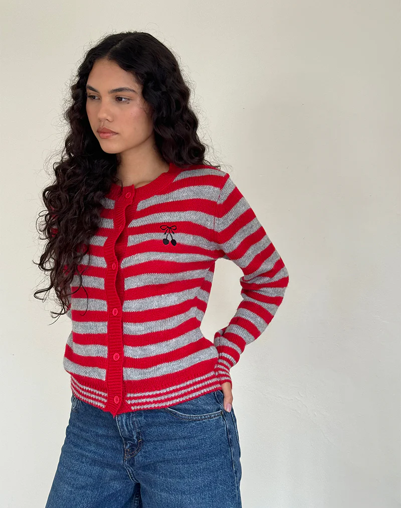 Henidar Cardigan in Red and Grey Stripe with Cherry Emb - Image 3