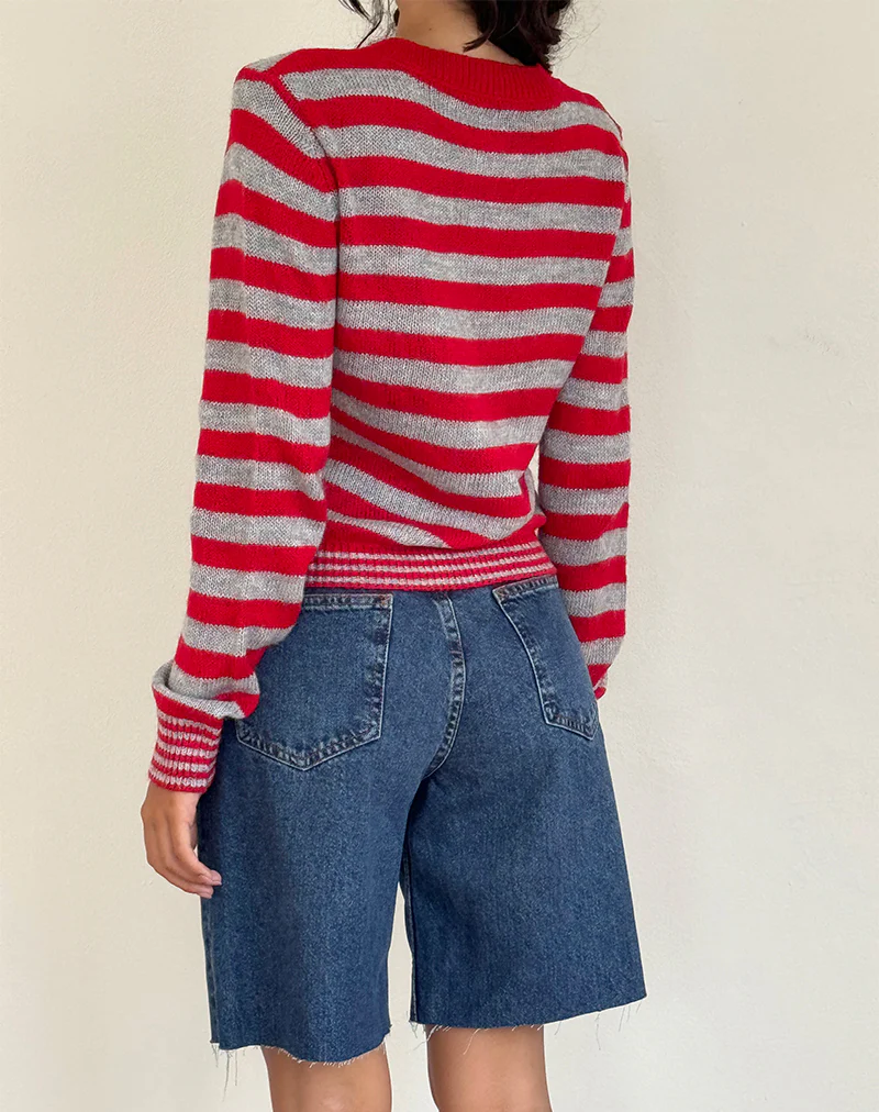 Henidar Cardigan in Red and Grey Stripe with Cherry Emb - Image 4