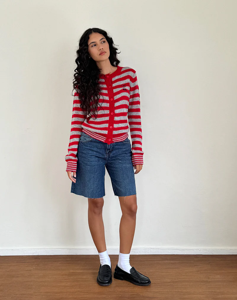 Henidar Cardigan in Red and Grey Stripe with Cherry Emb - Image 5