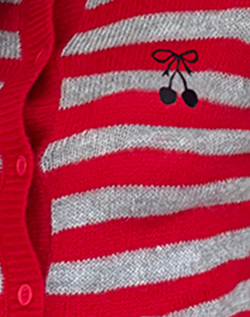 Henidar Cardigan in Red and Grey Stripe with Cherry Emb - Image 6