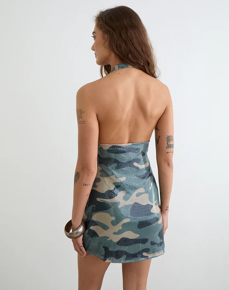 Hepasi Halter Mini Dress in Camo Sequin Khaki Green - Image 3