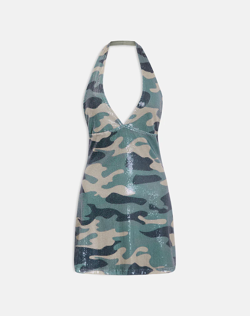 Hepasi Halter Mini Dress in Camo Sequin Khaki Green - Image 6