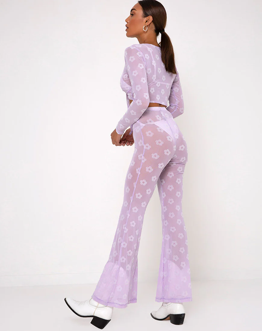 Herlom Flare Trouser in Lilac Mesh Daisy White Flock - Image 4