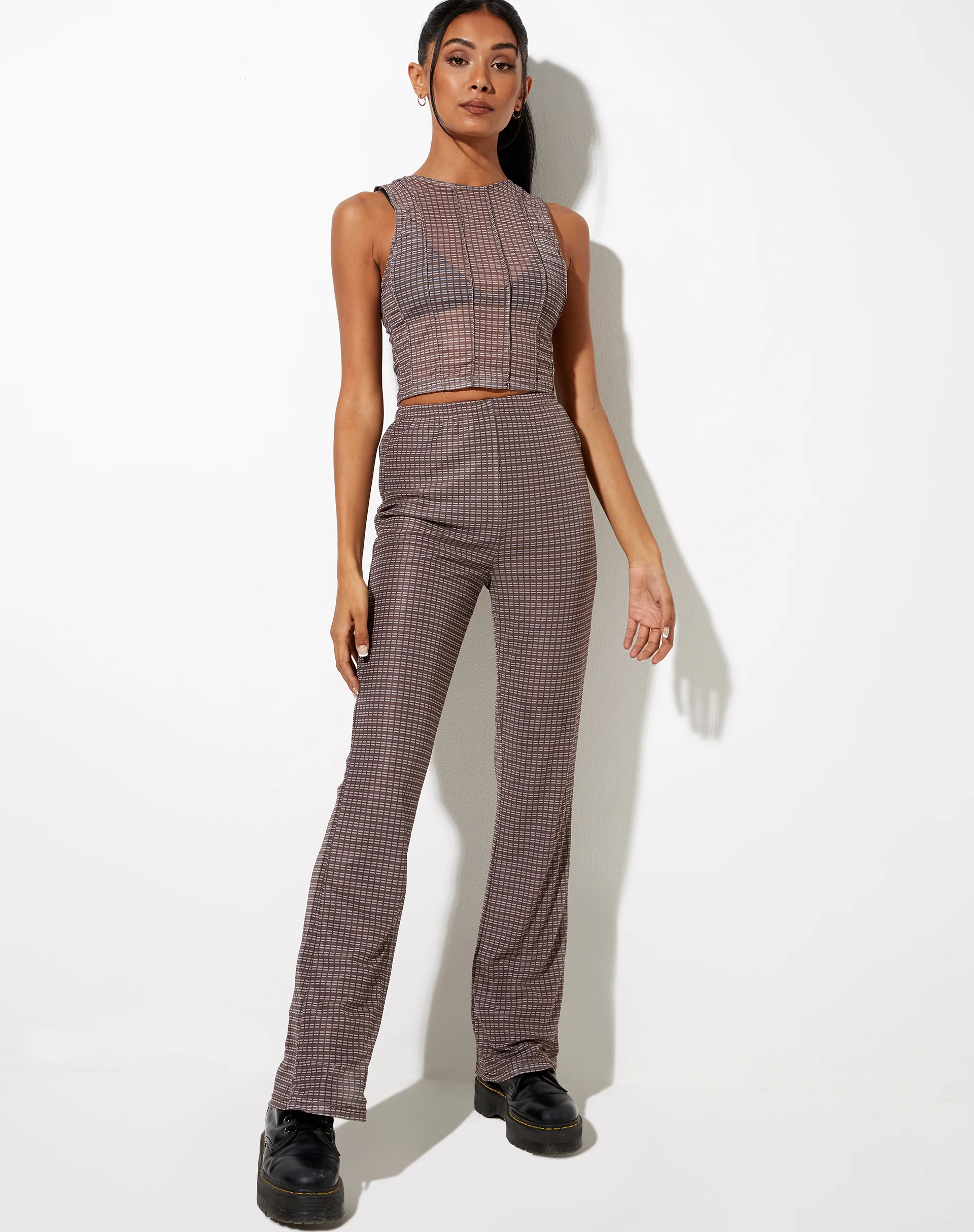 Herly Flare Trouser with Lining in Mini Check Chocolate - Image 4