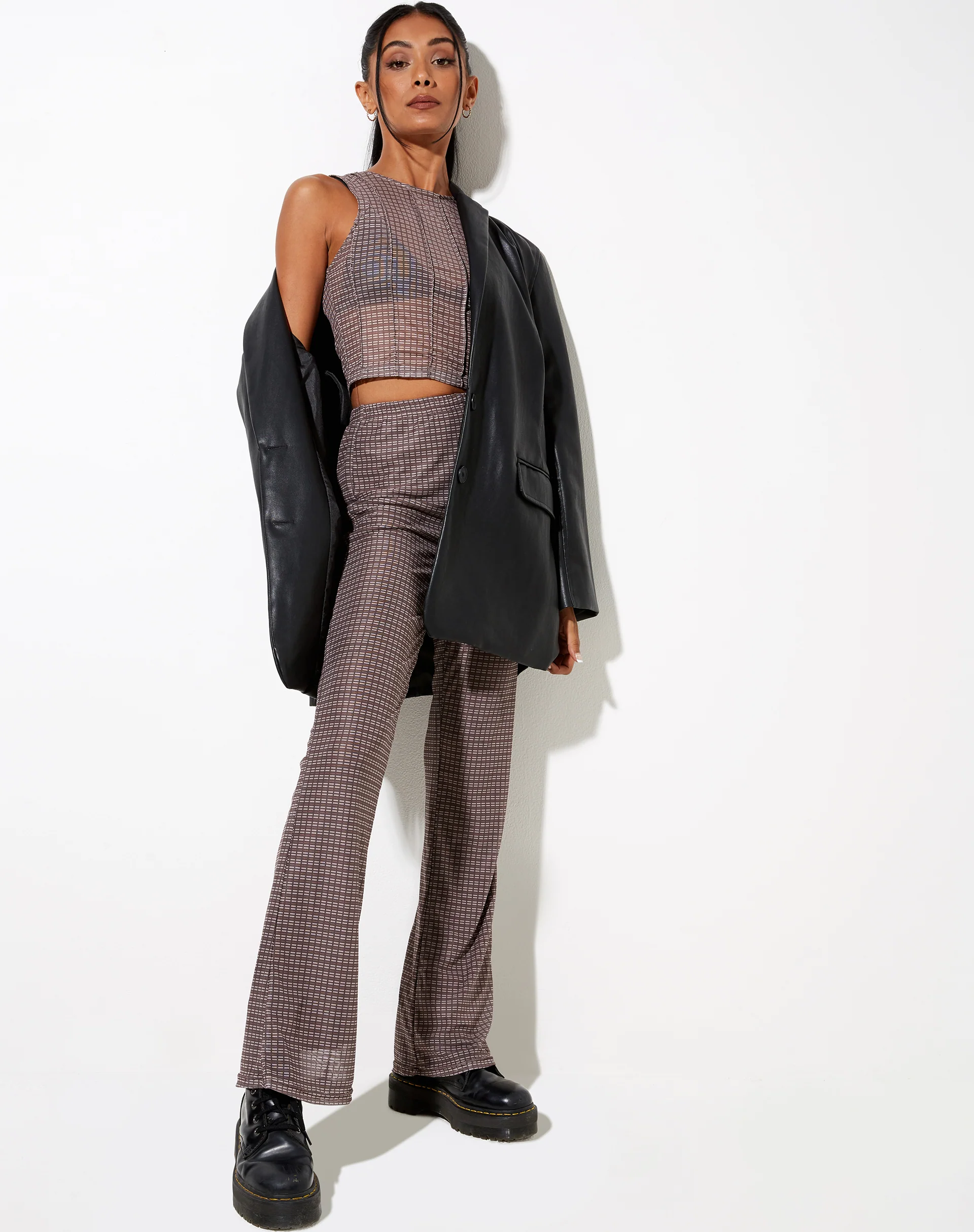 Herly Flare Trouser with Lining in Mini Check Chocolate - Image 6