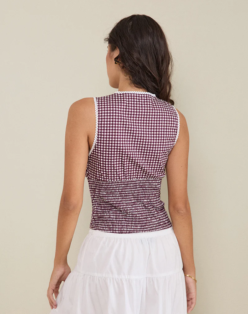 Hevalis Plunge Top in Mini Gingham Wine - Image 3