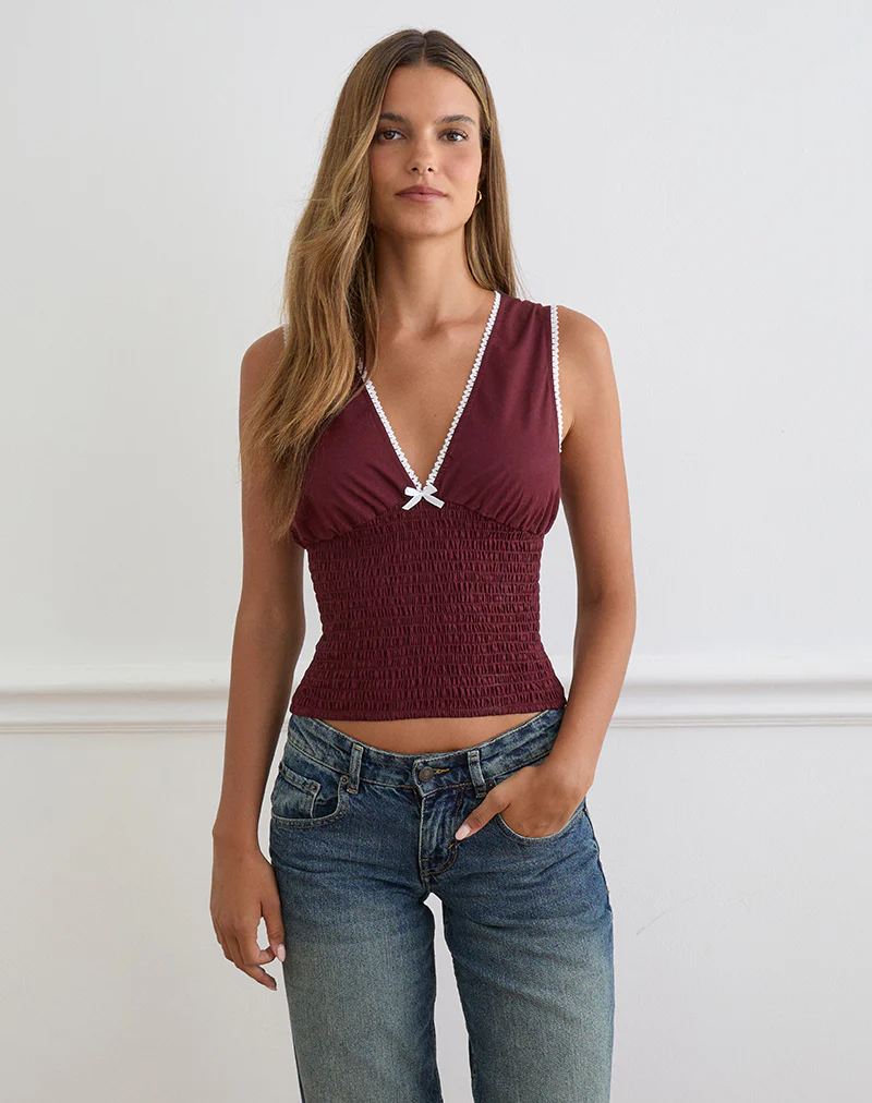 Hevalis Plunge Top in Poplin Maroon - Image 2