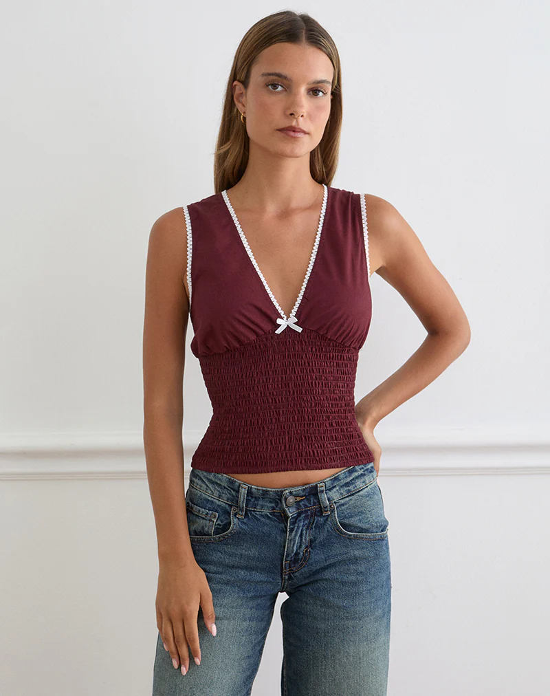 Hevalis Plunge Top in Poplin Maroon - Image 3