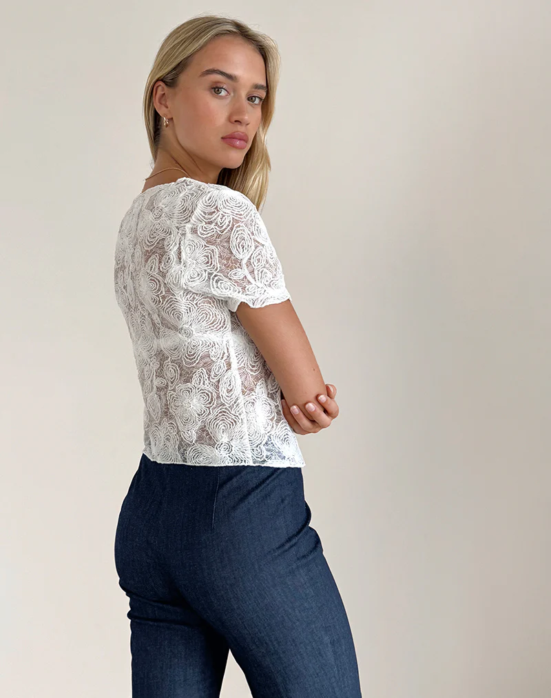 Hillary Tie Top in Textured Floral White - Image 3