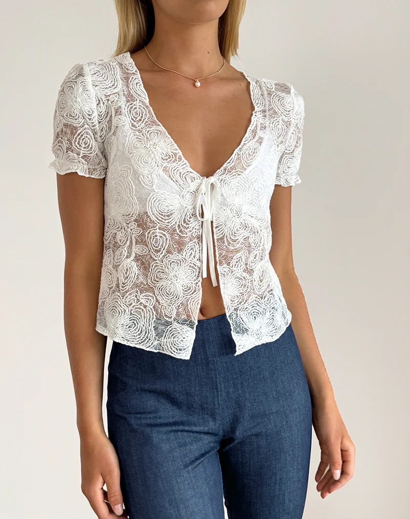 Hillary Tie Top in Textured Floral White - Image 4