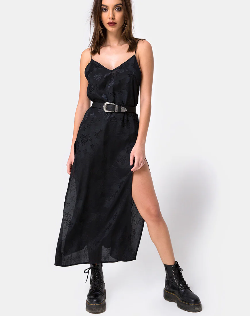 Hime Maxi Dress in Satin Black Rose - Image 4
