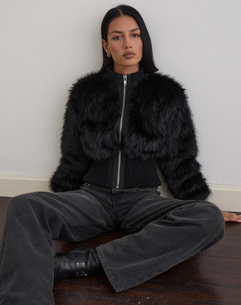 Homari Shaggy Faux Fur Jacket in Black - Image 2