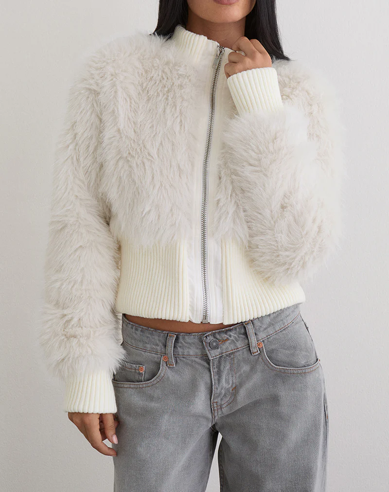 Homari Shaggy Faux Fur Jacket in Cream - Image 2