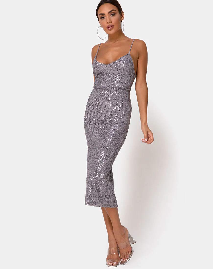 Humia Dress in Drape Net Sequin Silver - Image 2