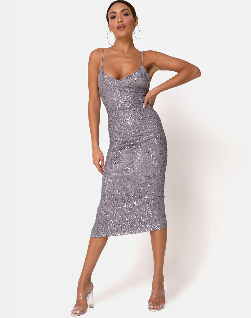 Humia Dress in Drape Net Sequin Silver - Image 5
