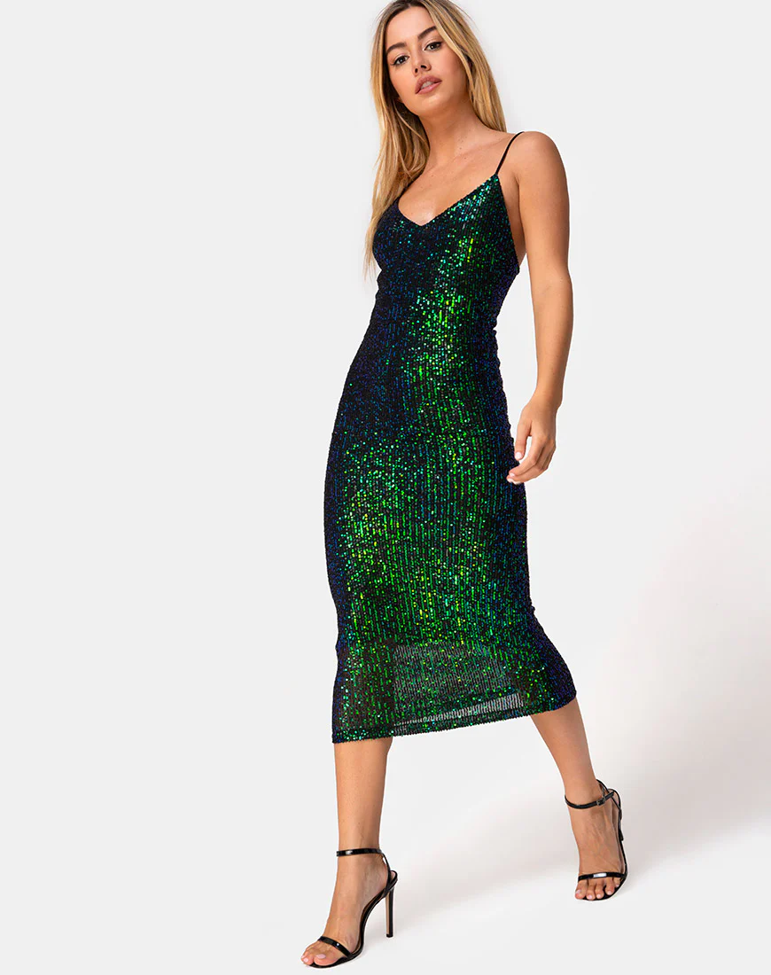 Humia Midi Dress in Drape Net Sequin Iridescent Green - Image 3