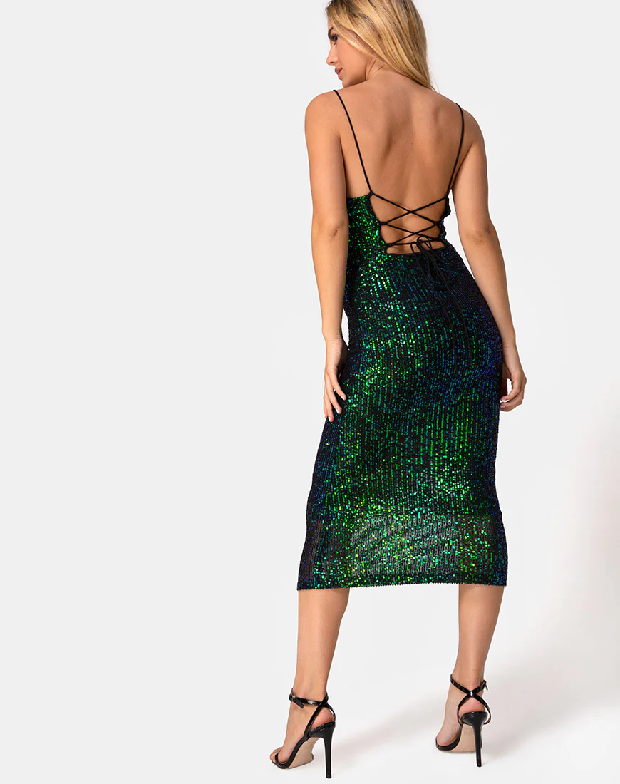 Humia Midi Dress in Drape Net Sequin Iridescent Green - Image 4
