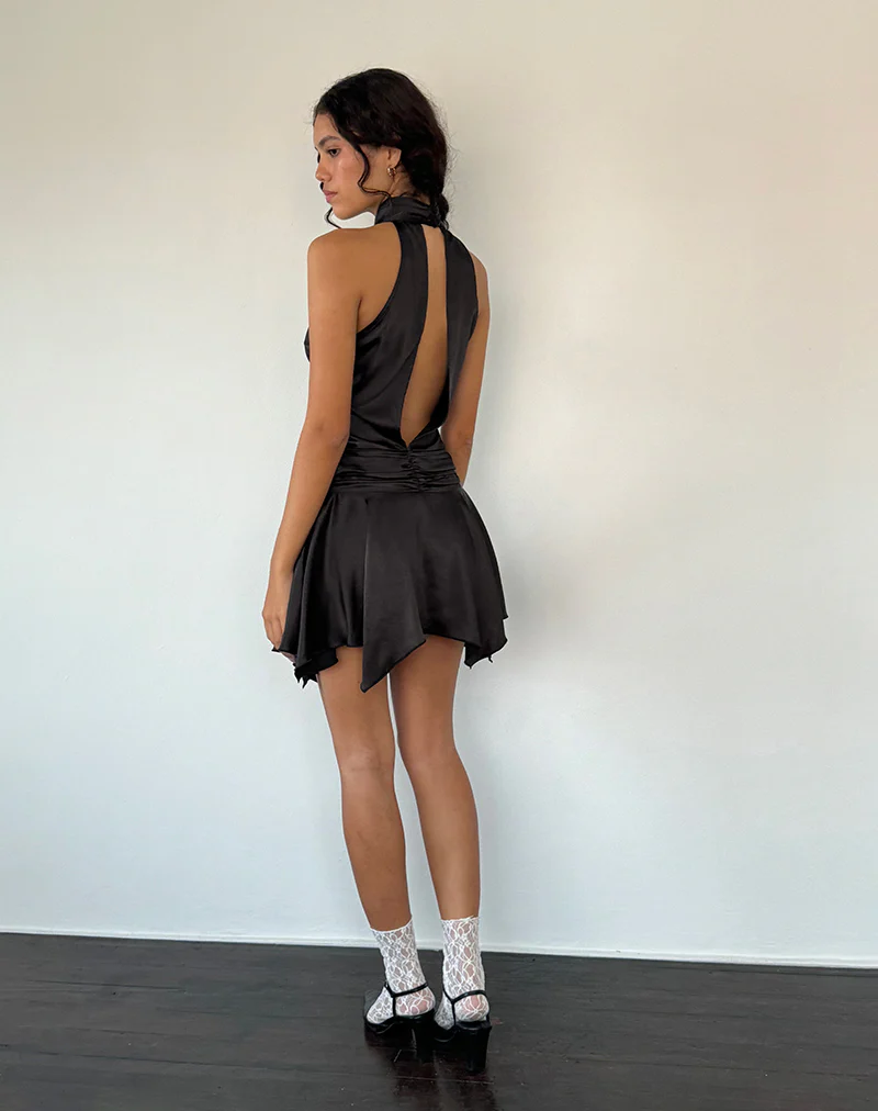 Hydri Satin Halterneck Mini Dress in Black - Image 5