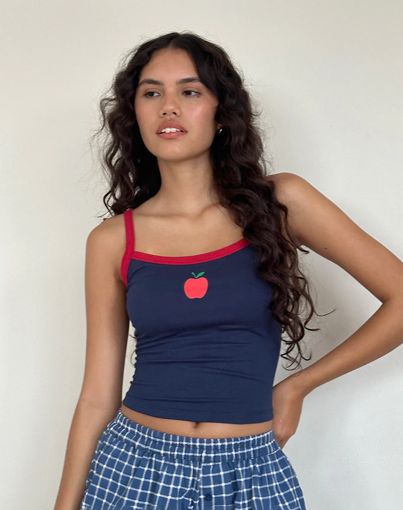 Icah Vest Top in Navy with Red Binding and Apple Motif