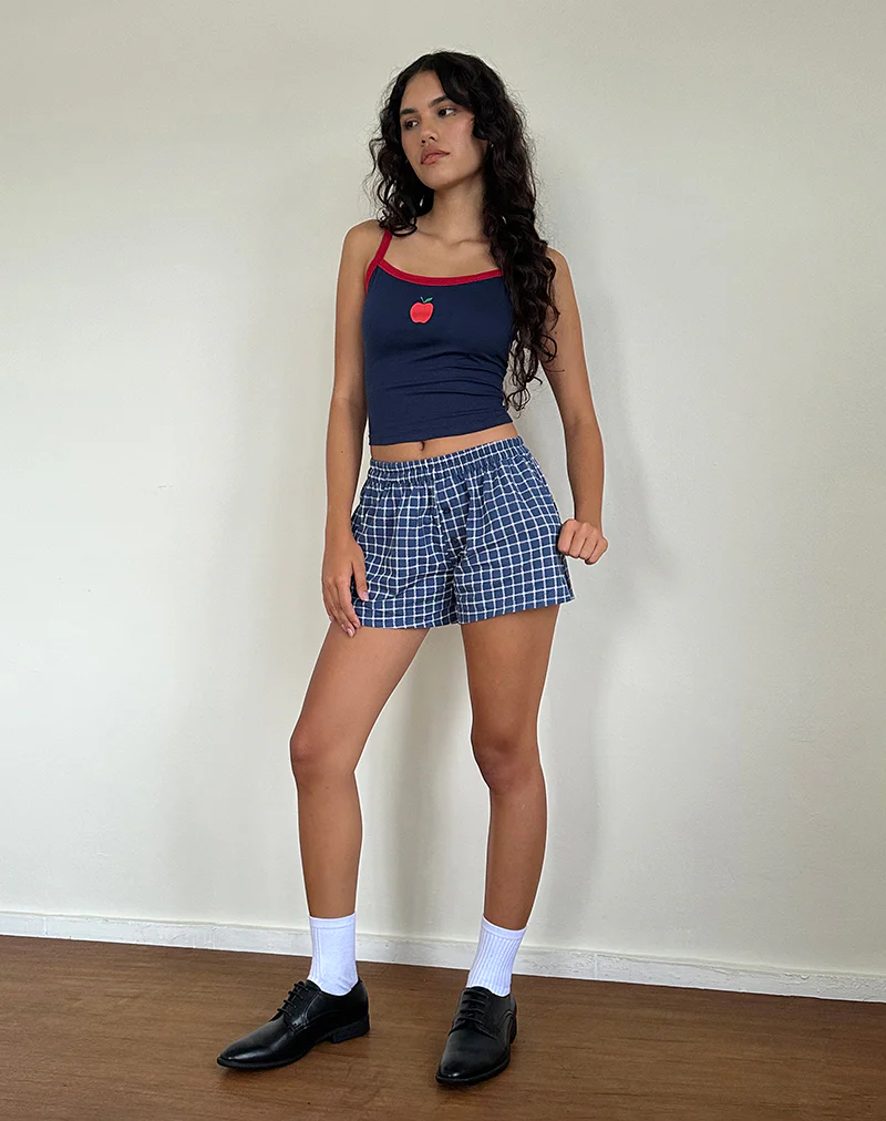 Icah Vest Top in Navy with Red Binding and Apple Motif - Image 3
