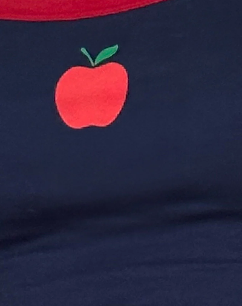 Icah Vest Top in Navy with Red Binding and Apple Motif - Image 5