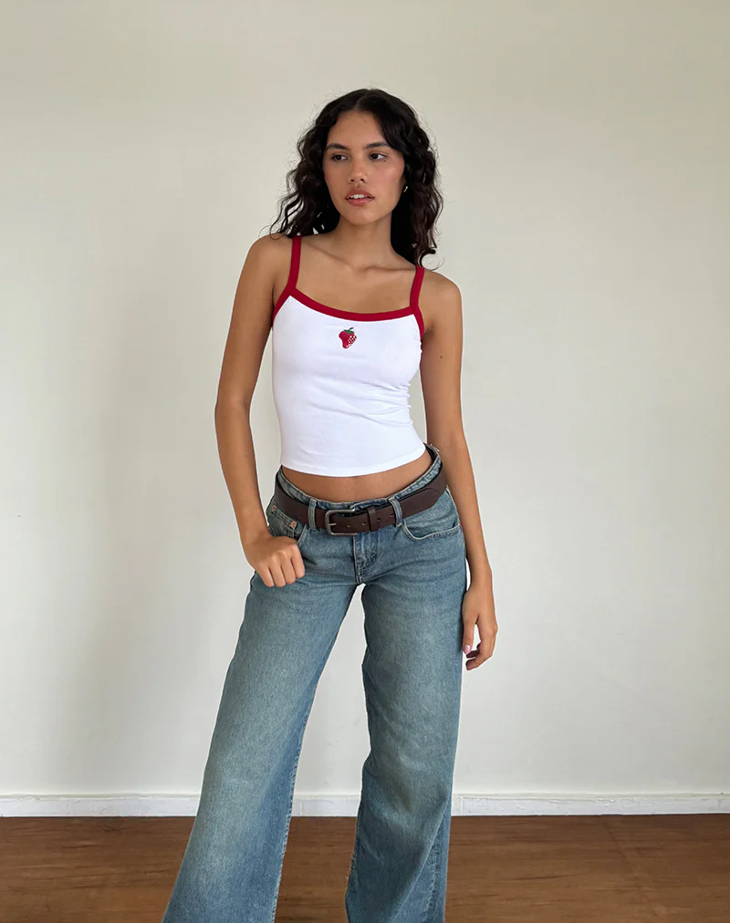 Icah Vest Top in White with Red Binding and Strawberry - Image 5