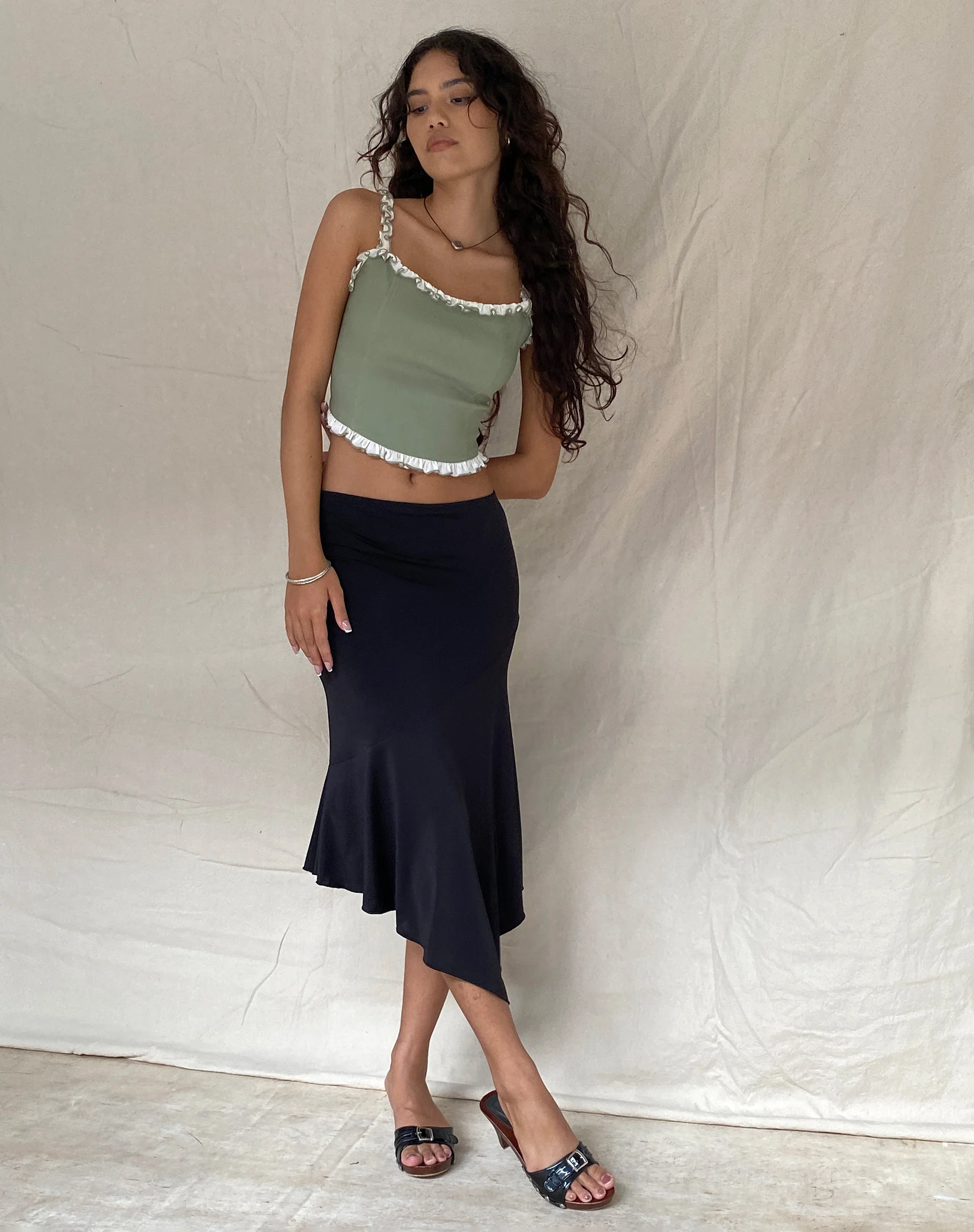 Idalia Corset Top in Sage with Cream Ruffle - Image 4