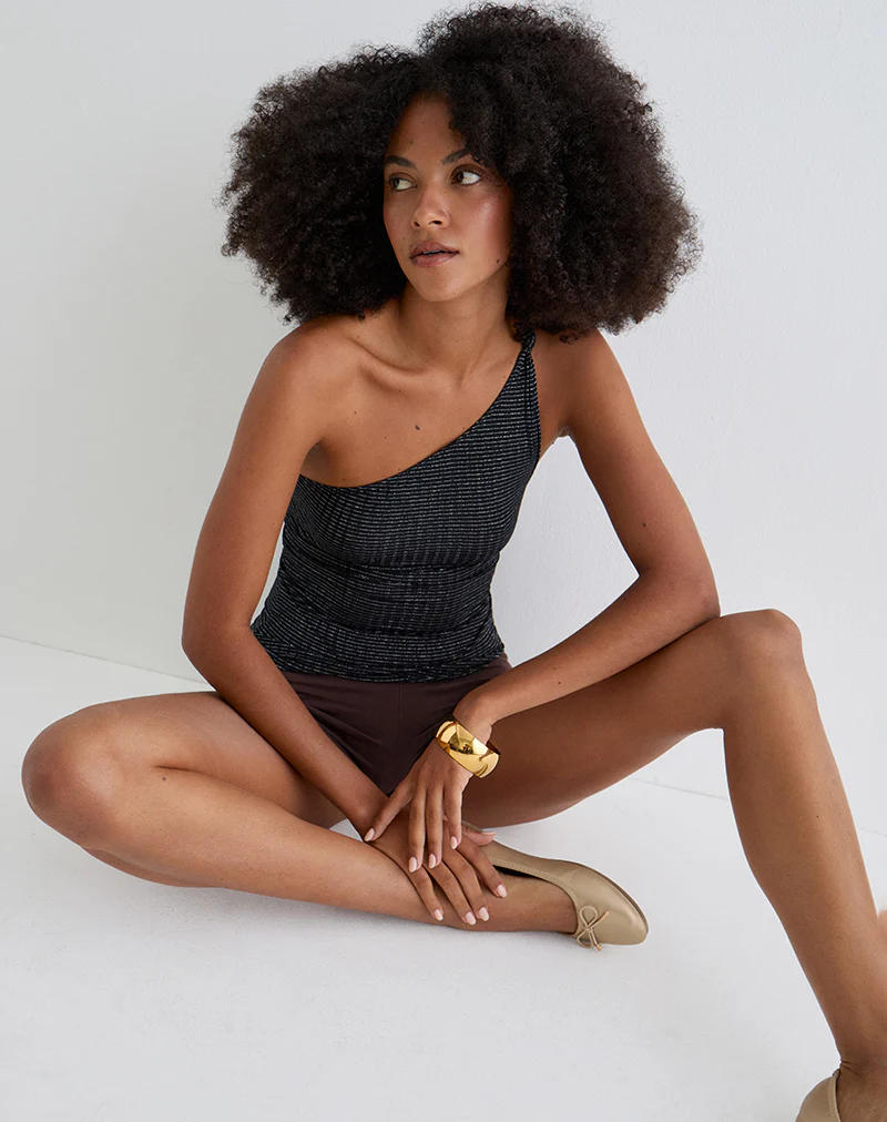 Idari One Shoulder Top in Metalic Stripe Jersey Black - Image 2