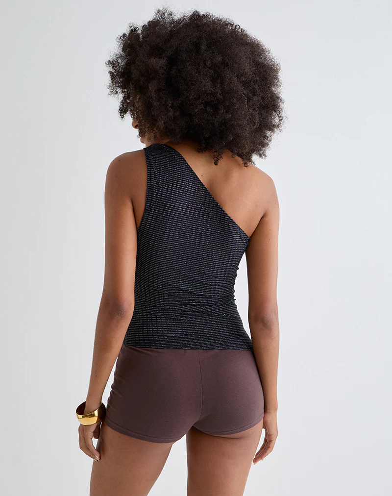 Idari One Shoulder Top in Metalic Stripe Jersey Black - Image 4