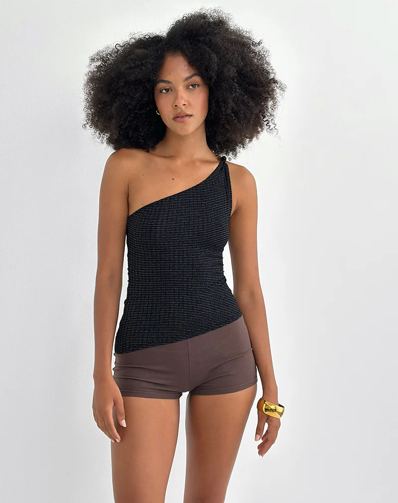 Idari One Shoulder Top in Metalic Stripe Jersey Black - Image 5