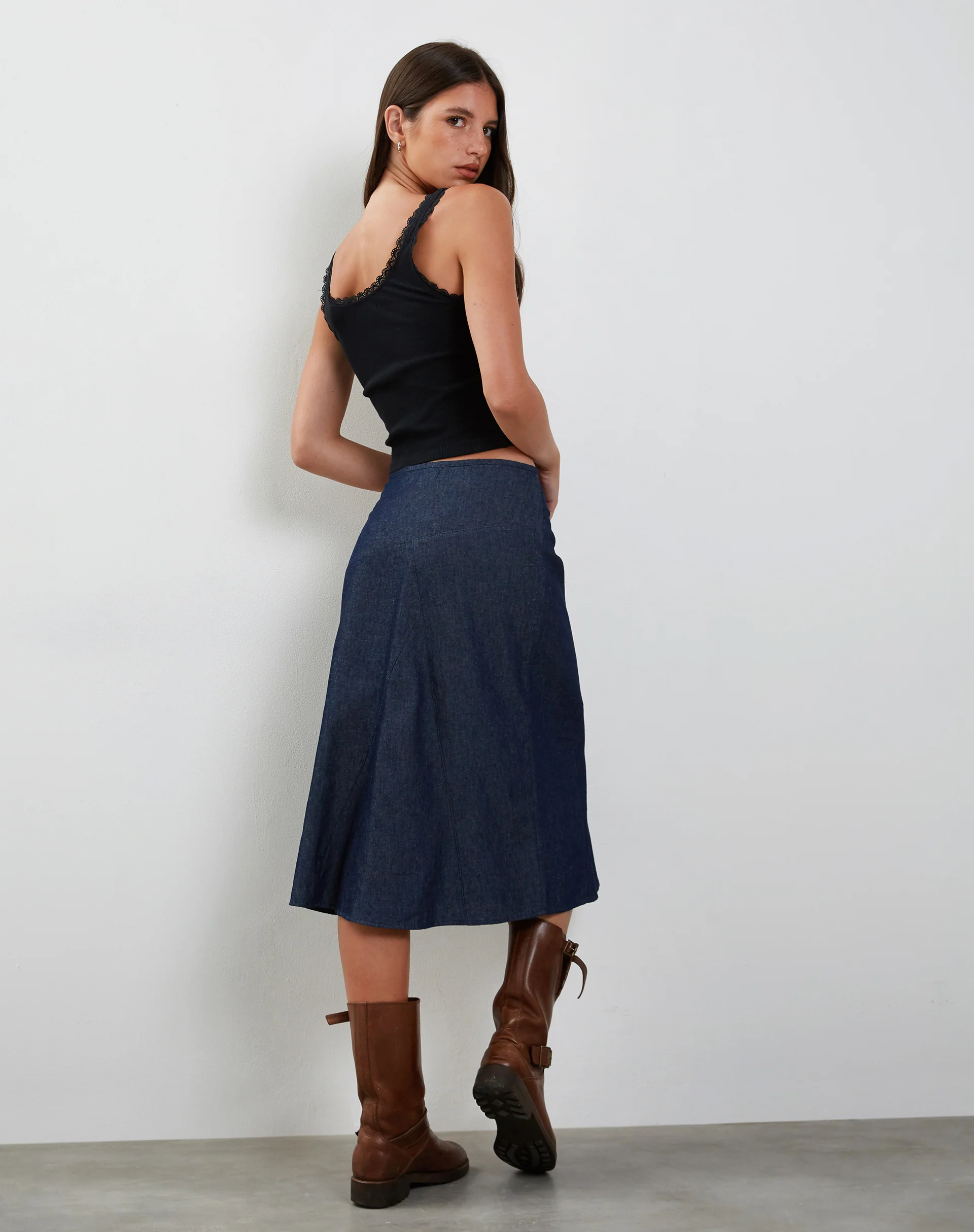 Imbrella Denim Midi Skirt in Dark Indigo - Image 2