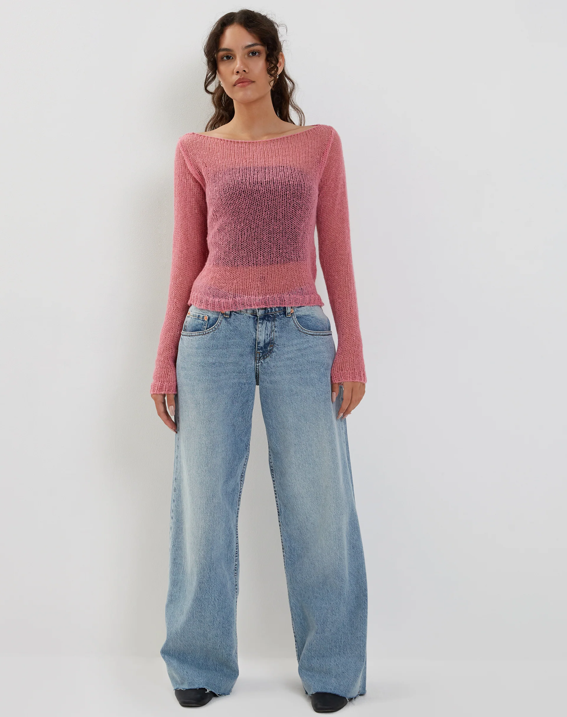 Imelda Fine Open Knit Long Sleeve Top in Pink - Image 4