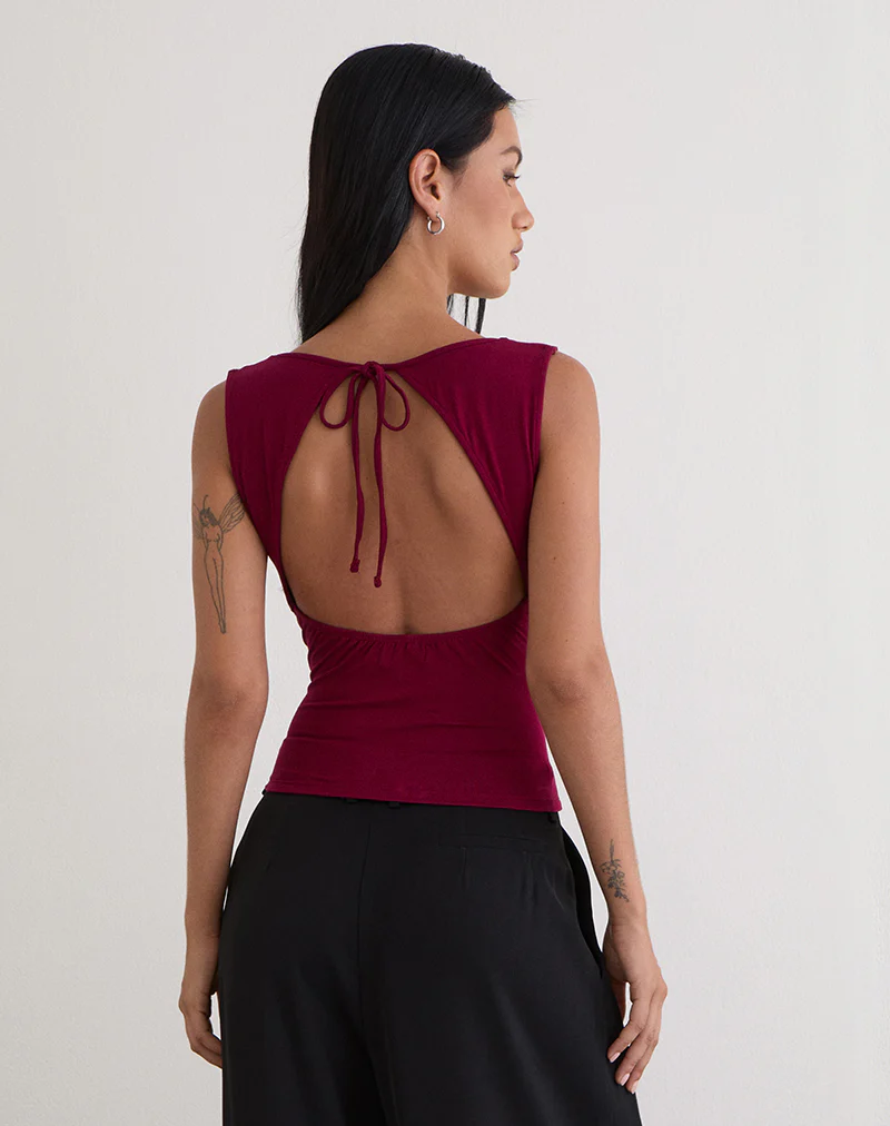 Imrie Open Back Top in Rayon Jersey Burgundy - Image 3