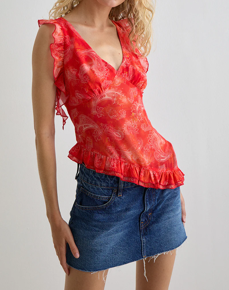 Iravela Asym Top in Paisley Chiffon Red - Image 4