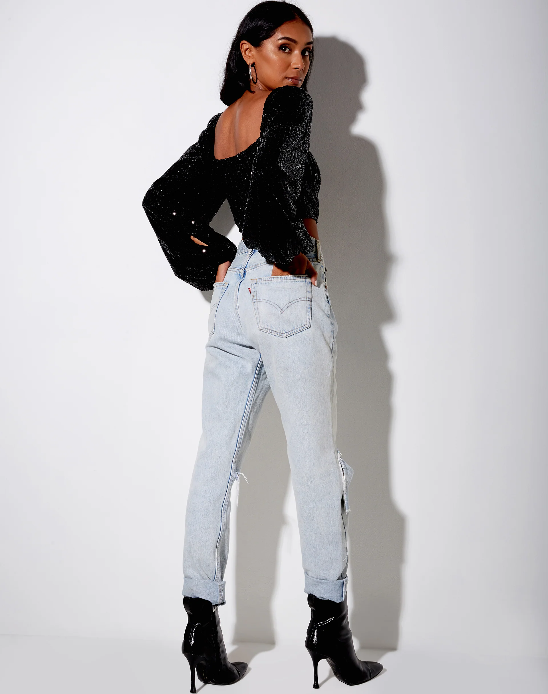 Irene Crop Top in Drape Sequin Black - Image 4