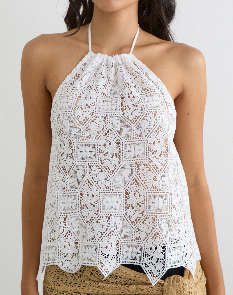 Irina Halterneck Top in Woven Crochet Ivory