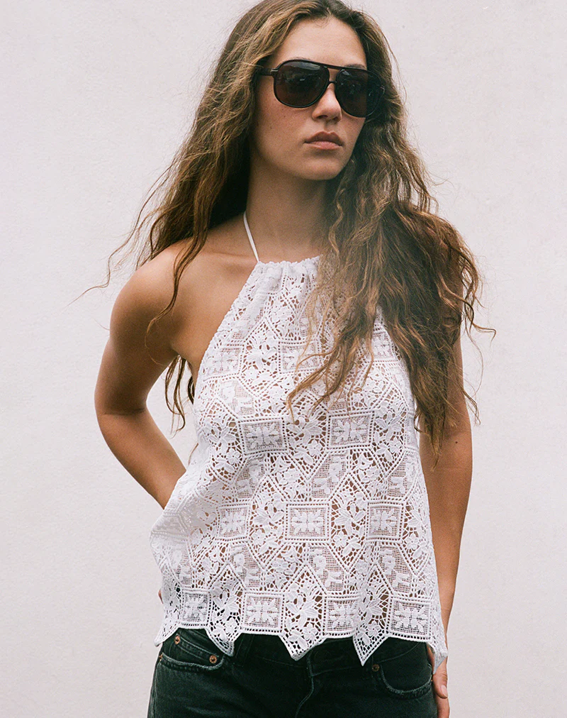 Irina Halterneck Top in Woven Crochet Ivory - Image 2