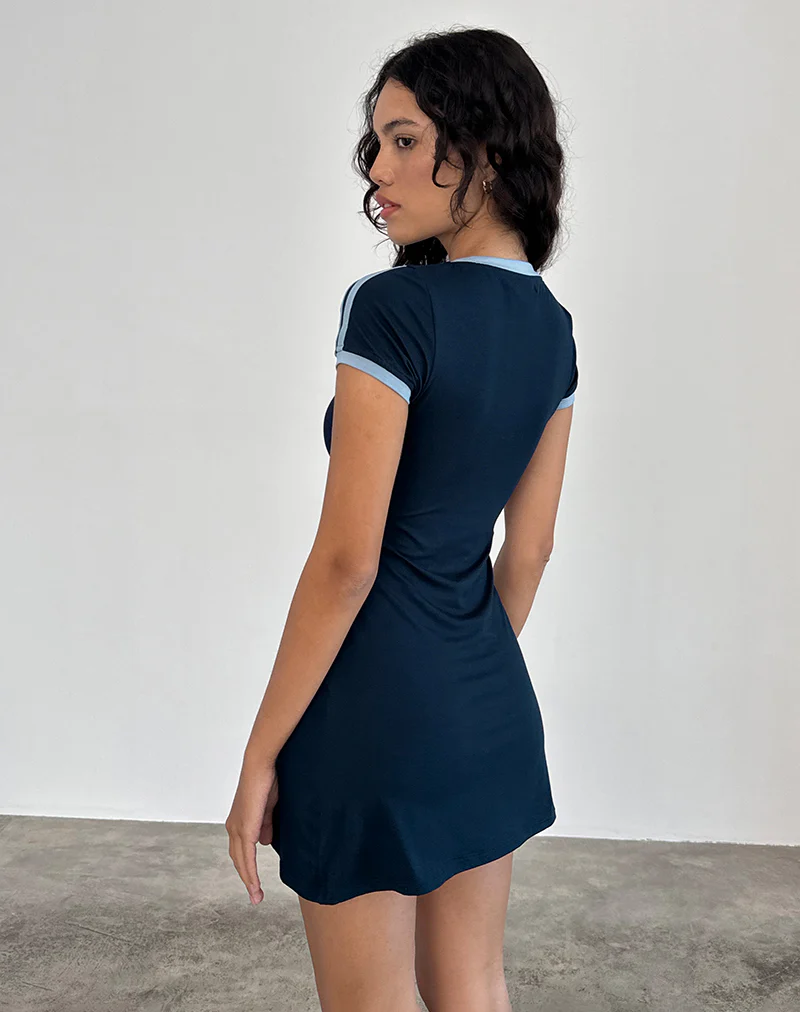 Isadre Mini Dress in Navy with Nantucket Blue Binding - Image 3